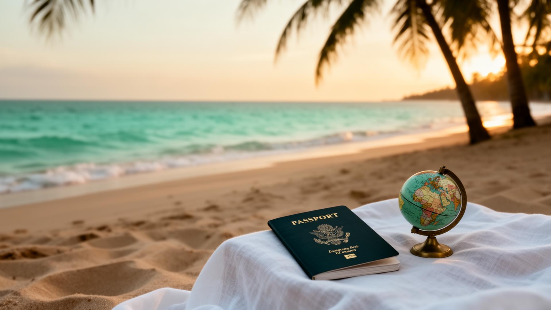 Passport and globe on white linen by a calm tropical shore